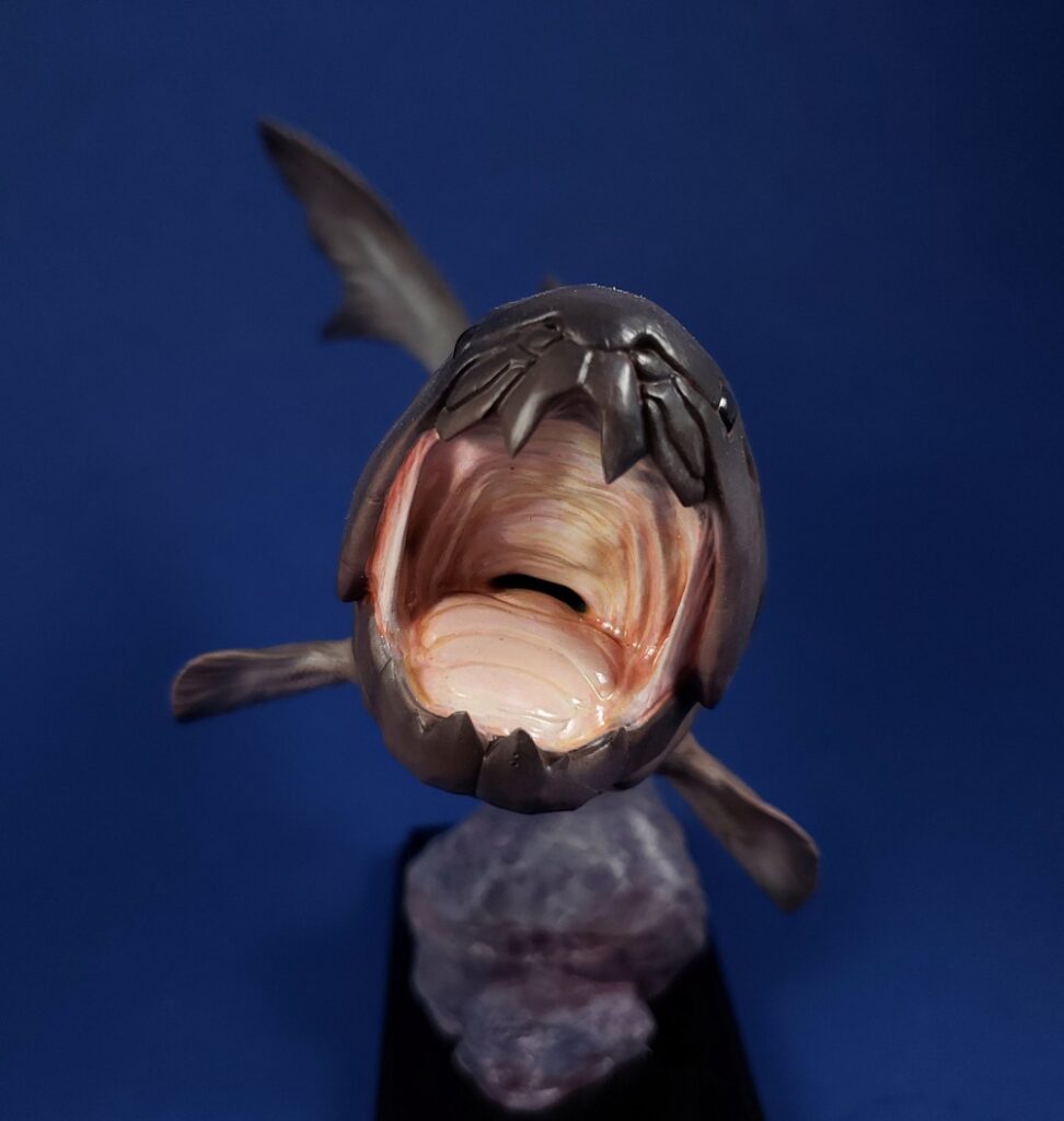 Head-on view of mouth of ThinkArt Dunkleosteus model