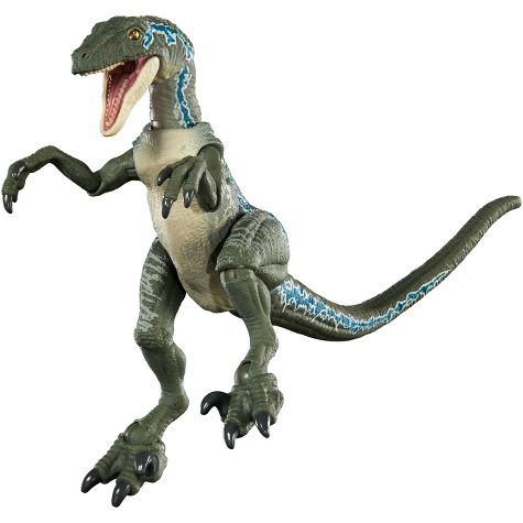 Blue raptor action figure in a leaping pose.