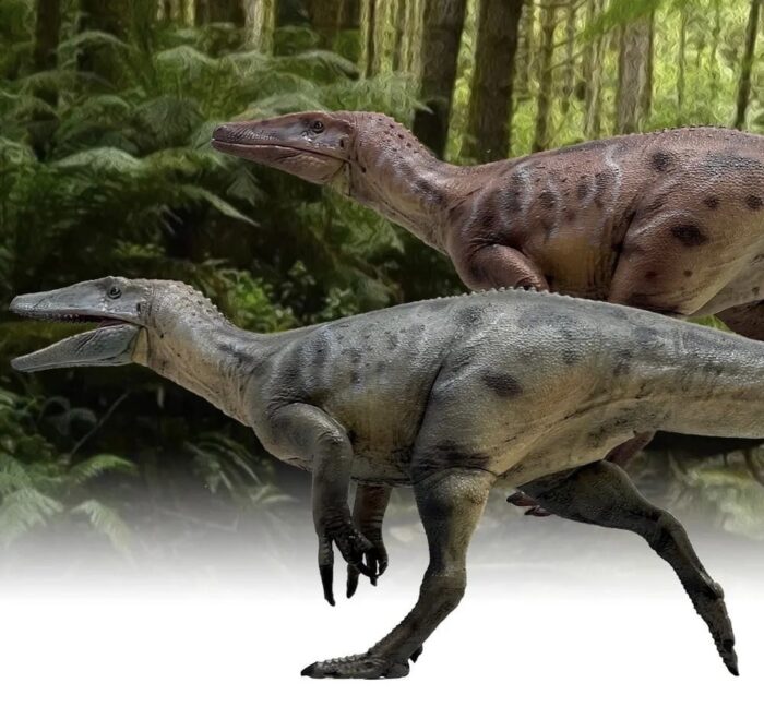 Two dinosaurs in a running pose on a forest background