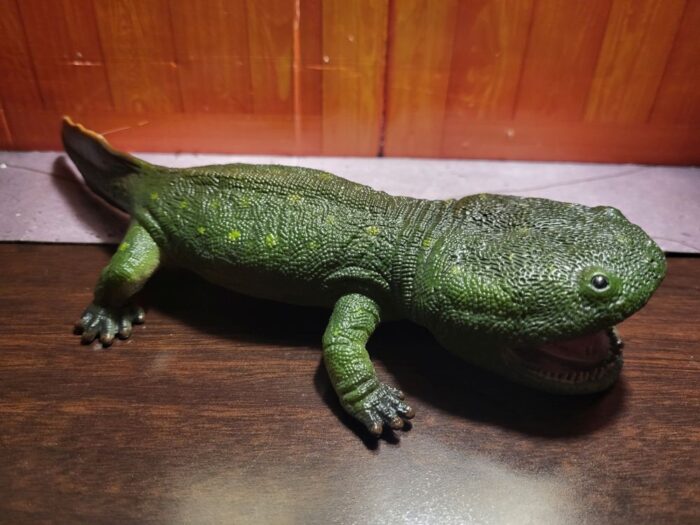 Full body shot of CollectA Koolasuchus figure from its right side (head facing right). Figure is a dark green color.